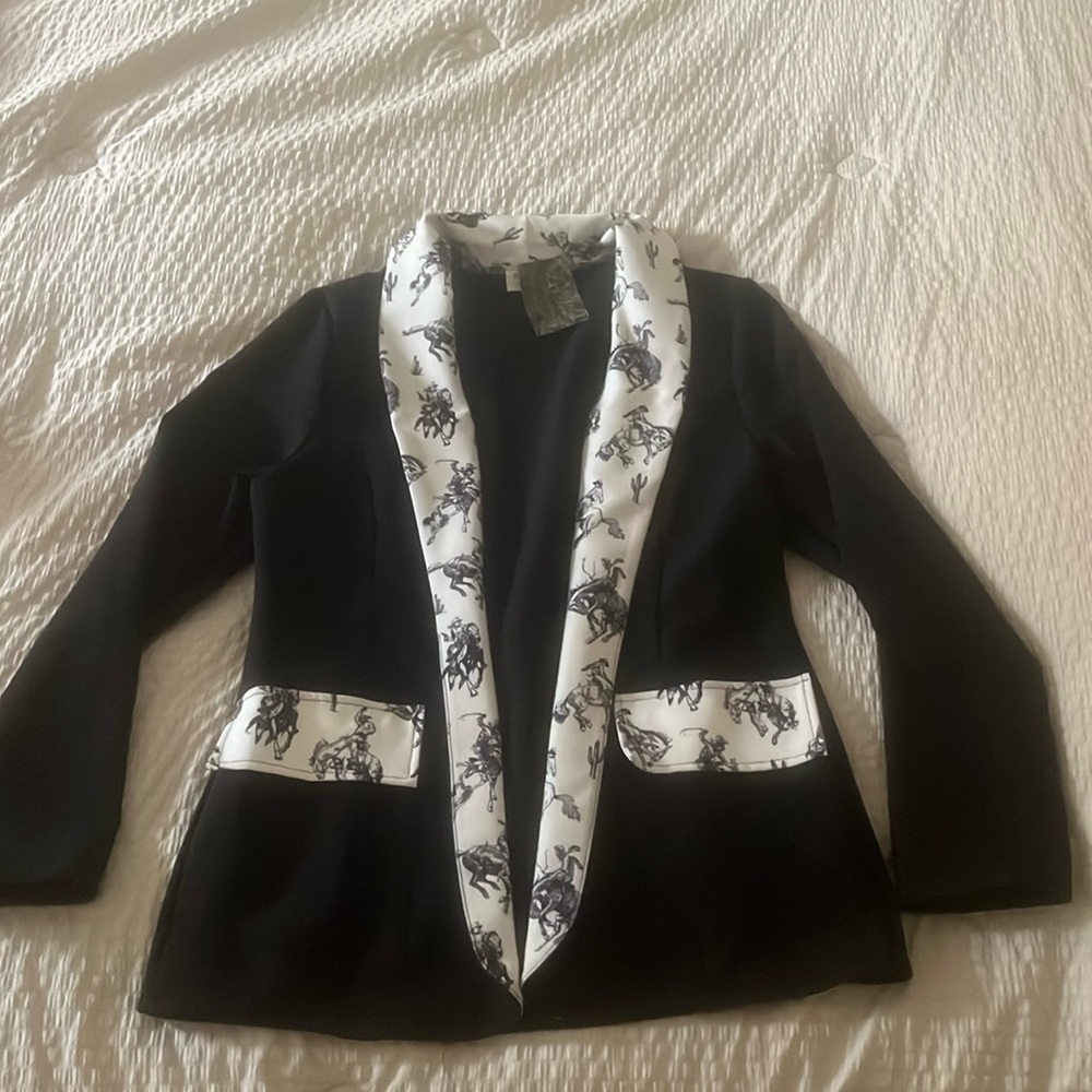 Avery Black Blazer with White Printed Shawl Collar